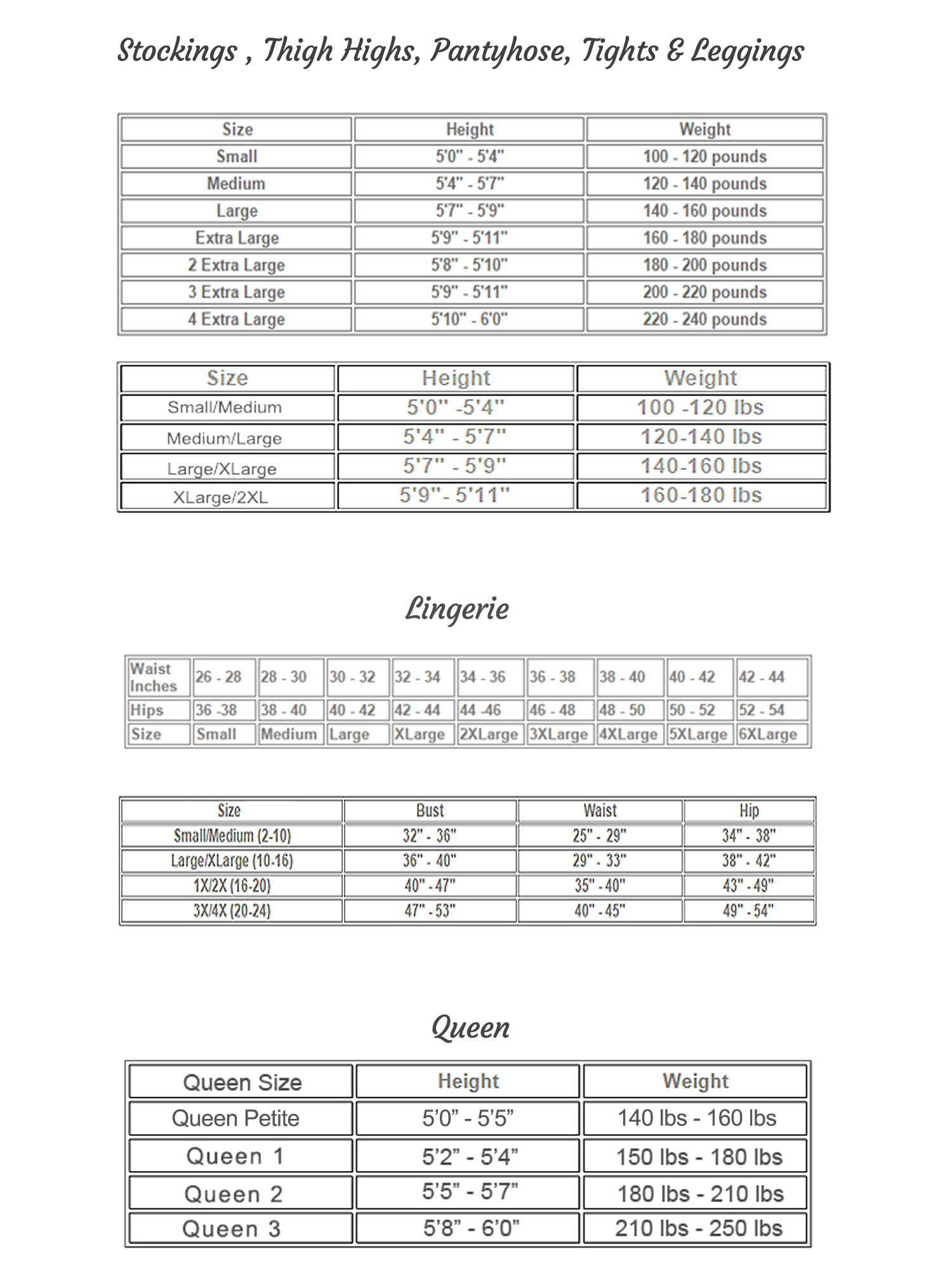 StockinGirl: Stockings, Thigh Highs & Lingerie: Size Chart